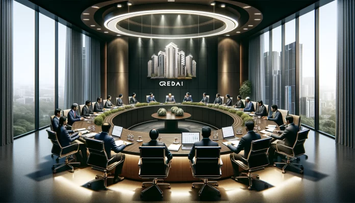 DALL·E 2024-05-10 12.52.05 - A formal business meeting scene in a modern conference room, depicting officials from the Confederation of Real Estate Developers' Associations of Ind Greater Noida authority meets with developers, emphasizes prompt payment and flat registry to address homebuyer concerns.